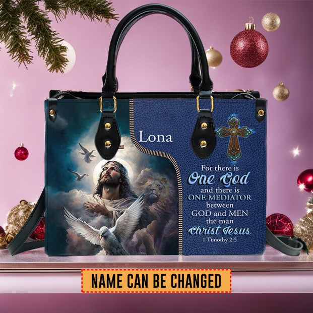 Personalized 1 Timothy 2:5 Blue Leather Handbag