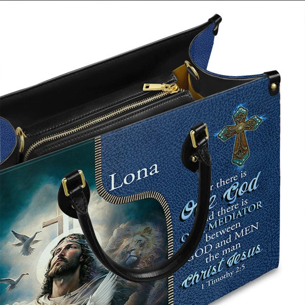 Personalized 1 Timothy 2:5 Blue Leather Handbag