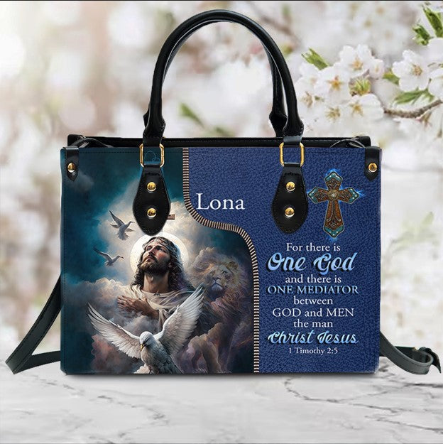 Personalized 1 Timothy 2:5 Blue Leather Handbag