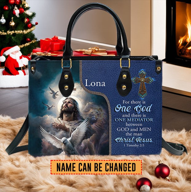 Personalized 1 Timothy 2:5 Blue Leather Handbag