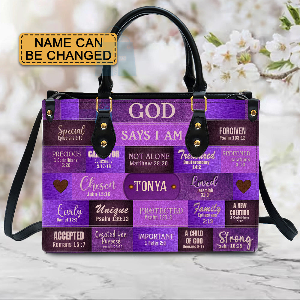God Says I Am Personalized Purple Leather Handbag