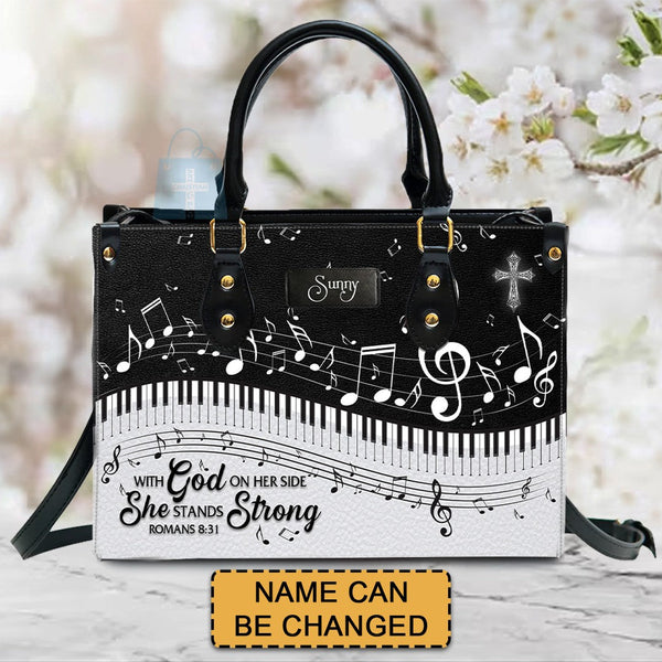 She Stands Strong Romans 8:31 Leather Handbag