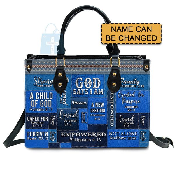 Personalized God Says I Am Blue Leather Handbag