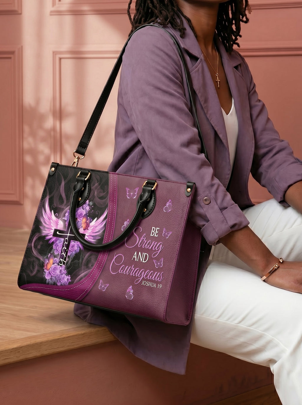 Courage Joshua 1:9 Bible Verse Leather Handbag
