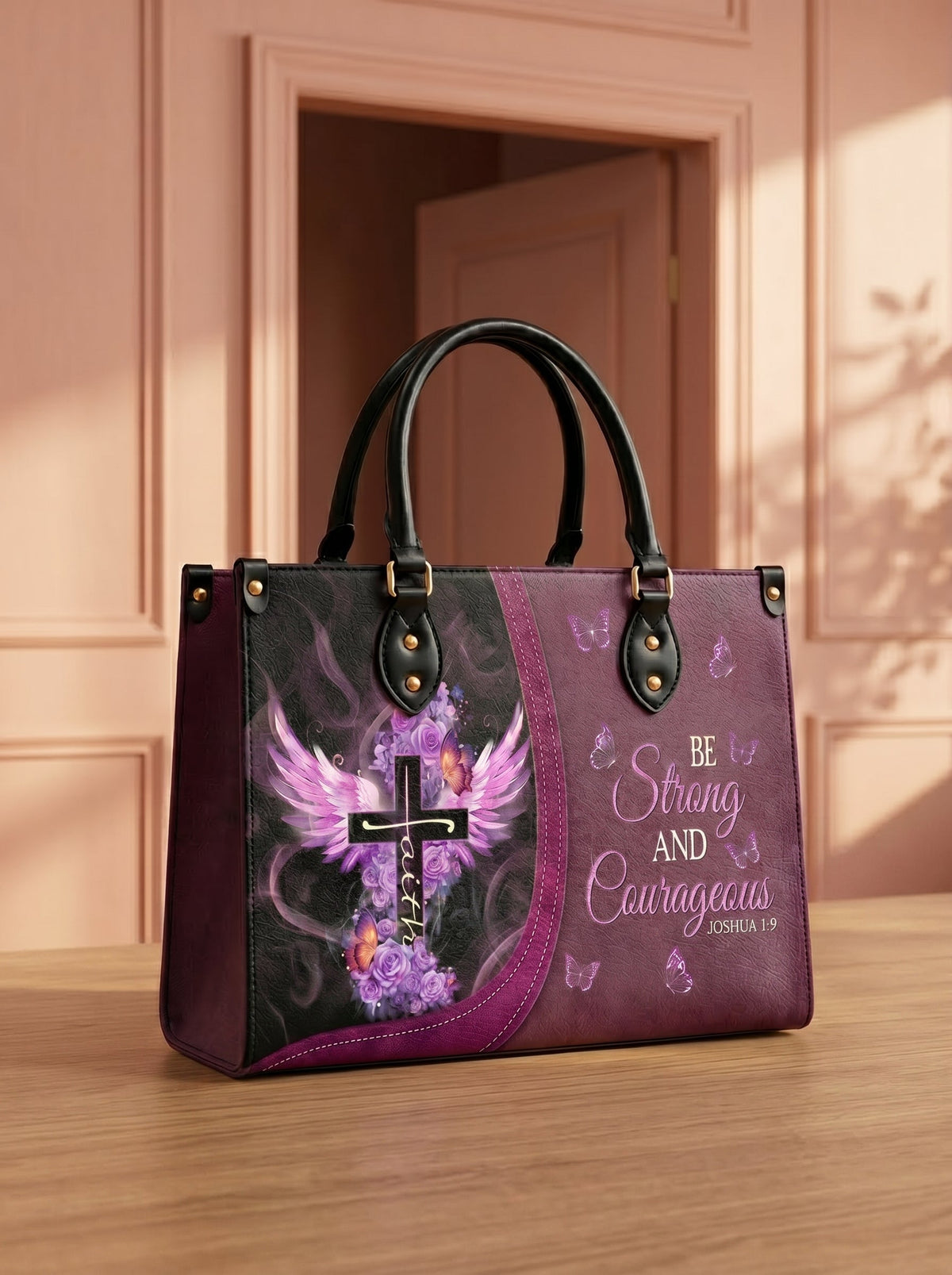 Courage Joshua 1:9 Bible Verse Leather Handbag