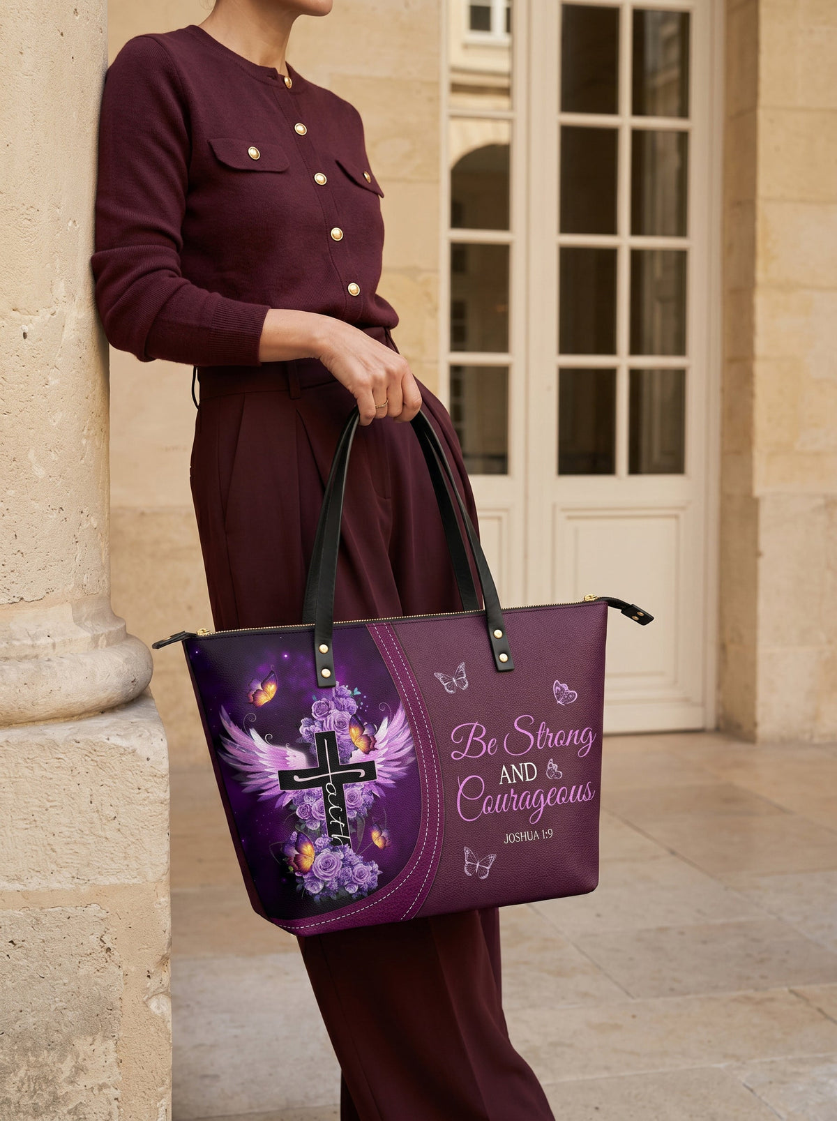 Courage Joshua 1:9 Leather Tote Bag
