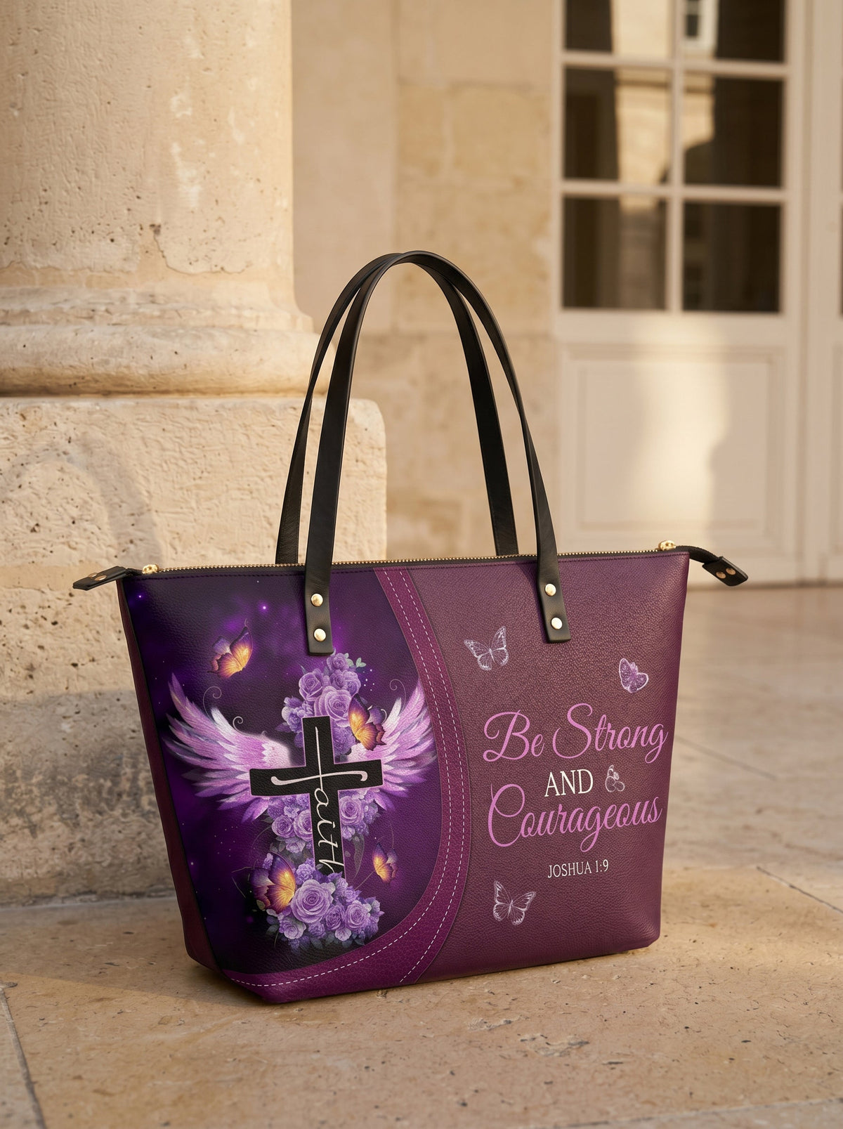 Courage Joshua 1:9 Christian Leather Tote Bag