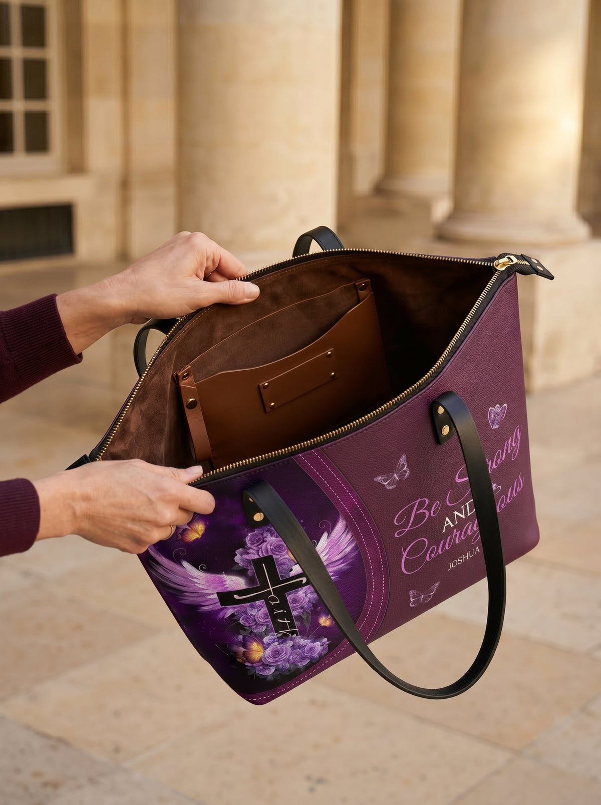 Courage Joshua 1:9 Christian Leather Tote Bag
