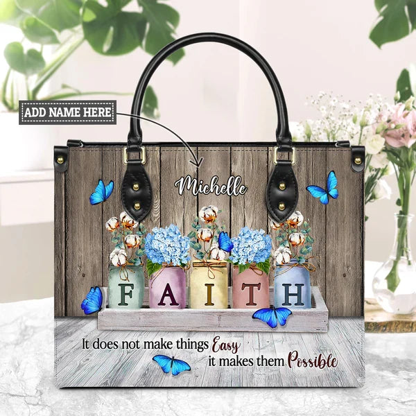 Personalized Faith Butterfly Leather Handbag
