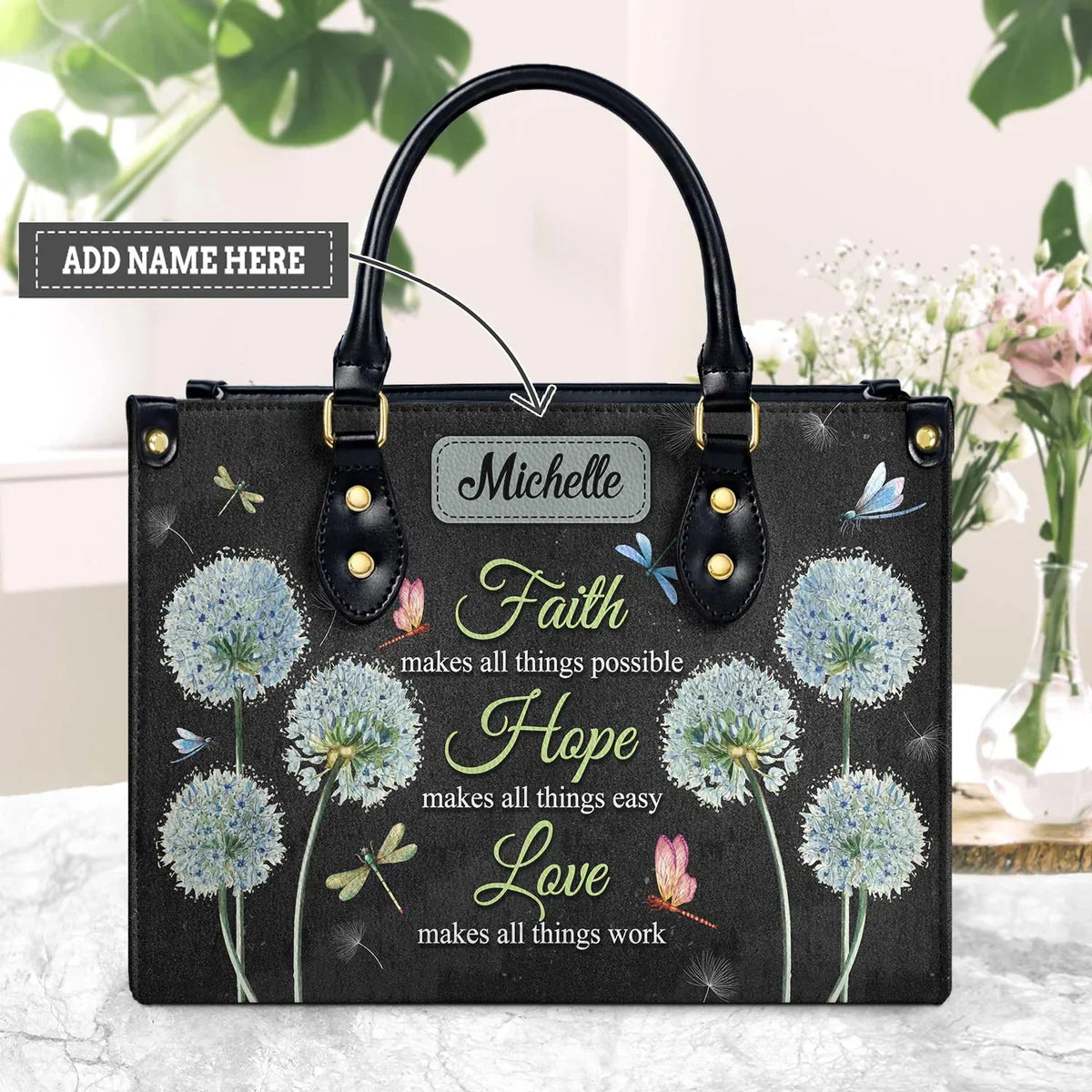 Faith Dandelion Dragonfly Leather Handbag
