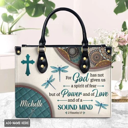 2 Timothy 1:7 Dragonfly Mandala Leather Handbag
