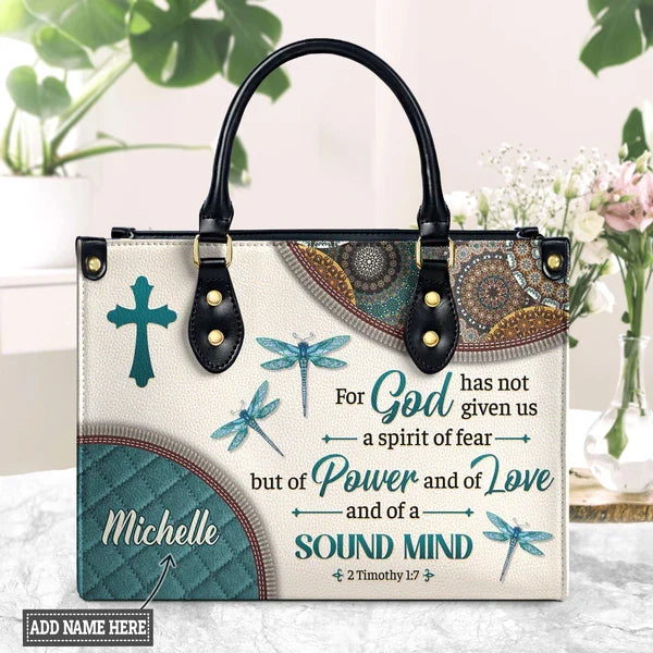 2 Timothy 1:7 Dragonfly Mandala Leather Handbag
