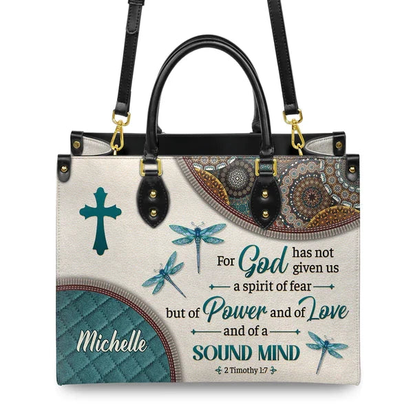2 Timothy 1:7 Dragonfly Leather Tote Bag