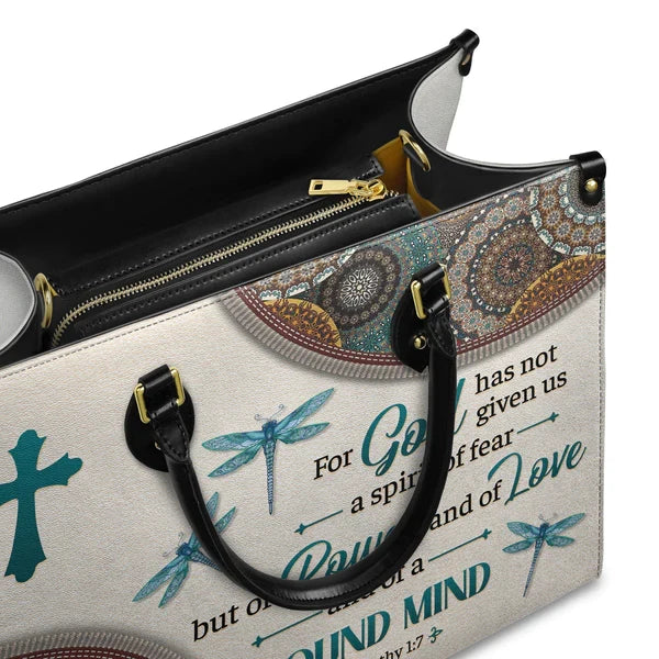 2 Timothy 1:7 Dragonfly Leather Tote Bag