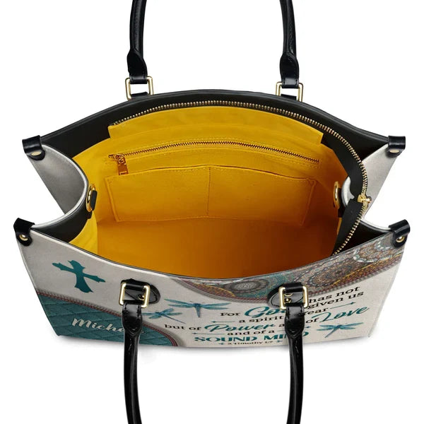 2 Timothy 1:7 Dragonfly Leather Tote Bag