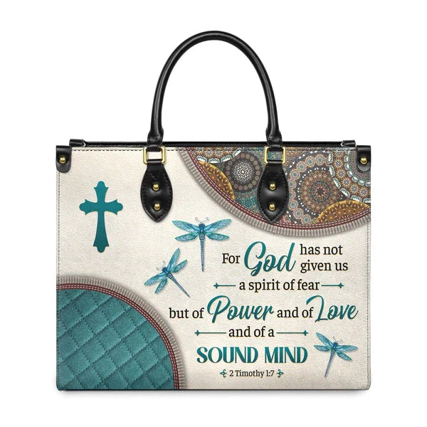 2 Timothy 1:7 Dragonfly Leather Tote Bag