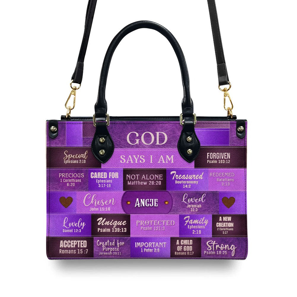 God Says I Am Personalized Leather Tote Handbag
