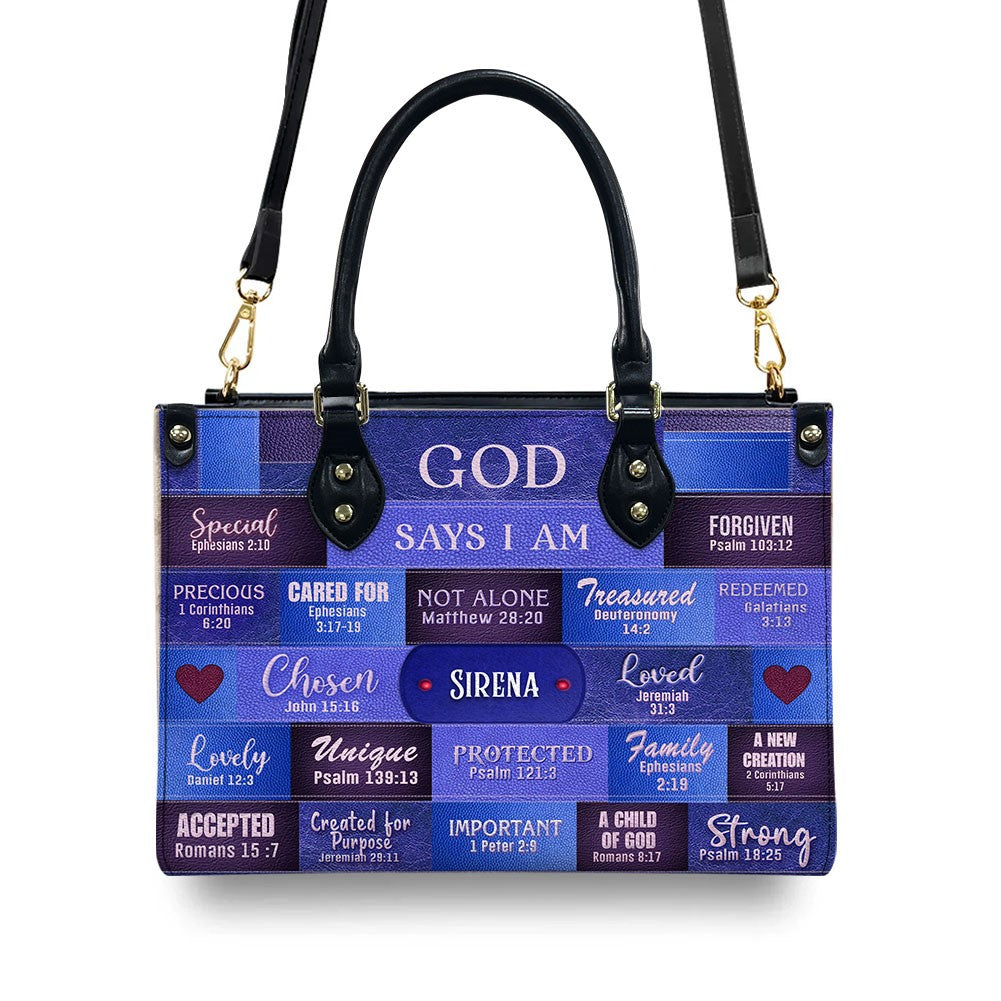 Personalized God Says I Am Blue Leather Handbag