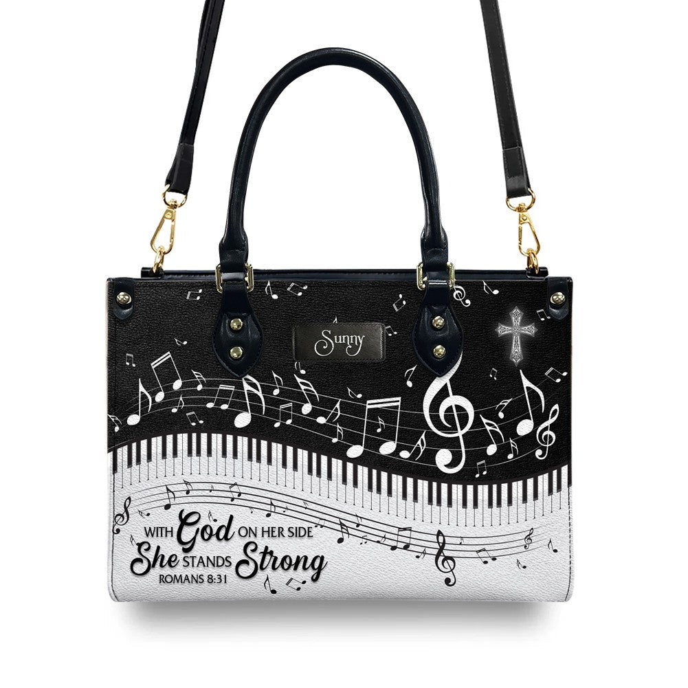 She Stands Strong Romans 8:31 Leather Handbag