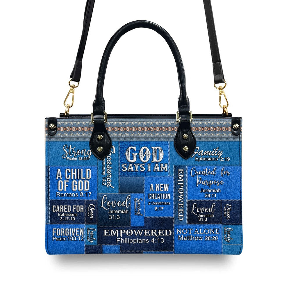 Personalized God Says I Am Blue Leather Handbag