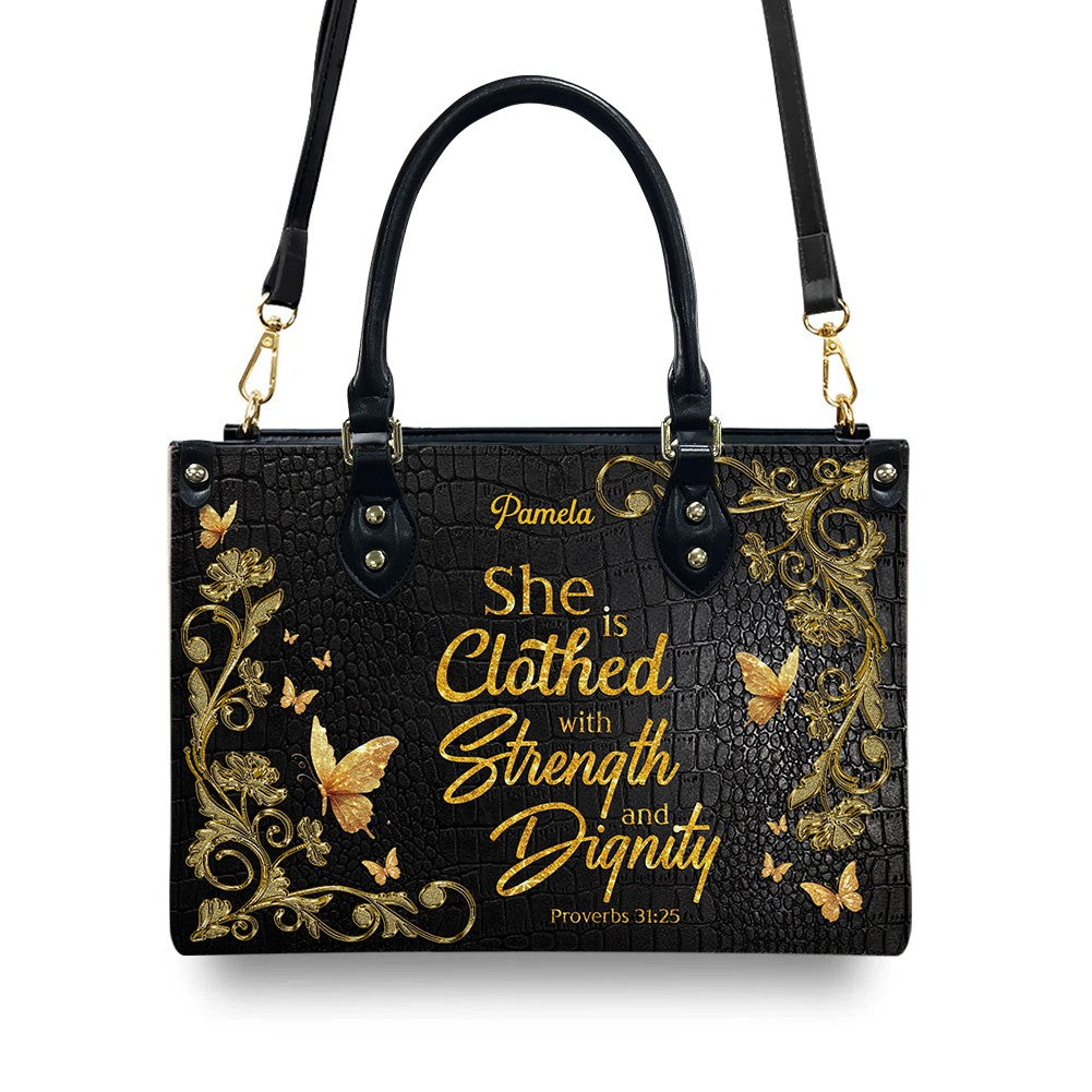 Personalized Proverbs 31:25 Leather Handbag
