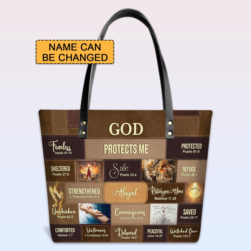 Personalized God Protects Me Leather Tote Bag