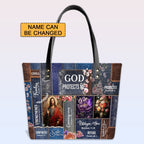 Personalized God Protects Me Leather Tote Bag