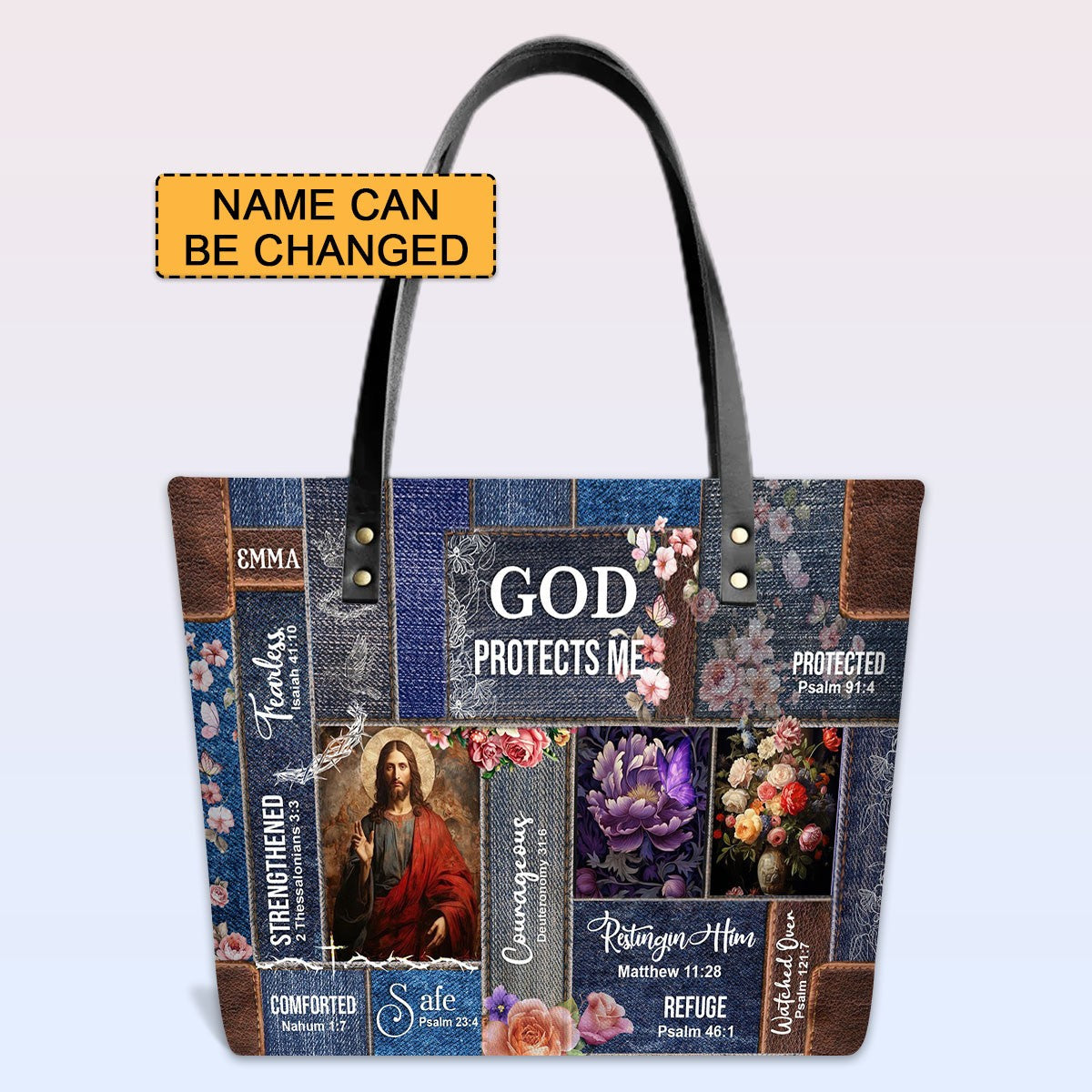 Personalized God Protects Me Leather Tote Bag