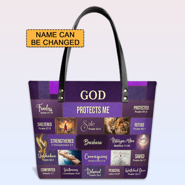 Personalized God Protects Me Leather Tote Bag