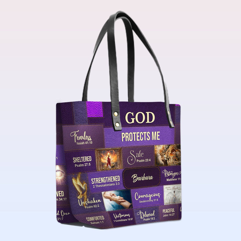 Personalized God Protects Me Leather Tote Bag