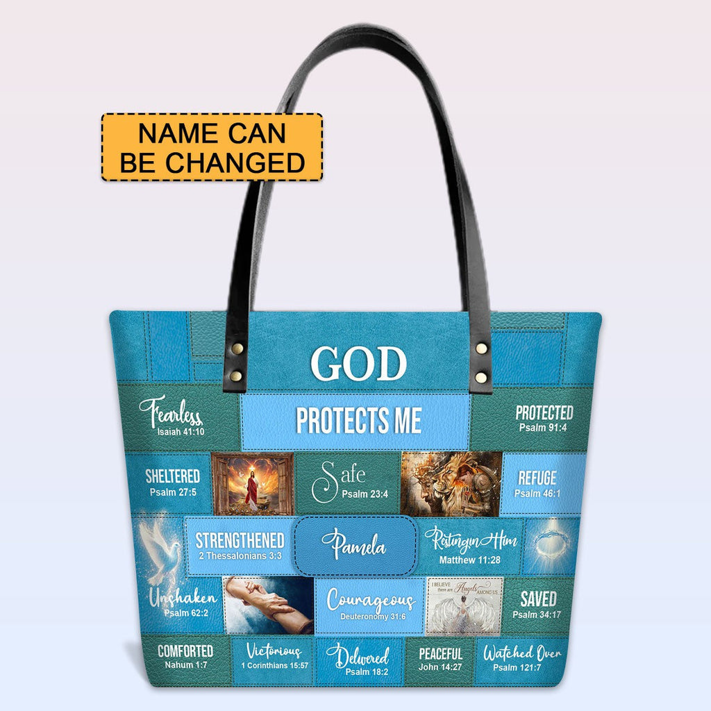 Personalized God Protects Me Leather Tote Bag