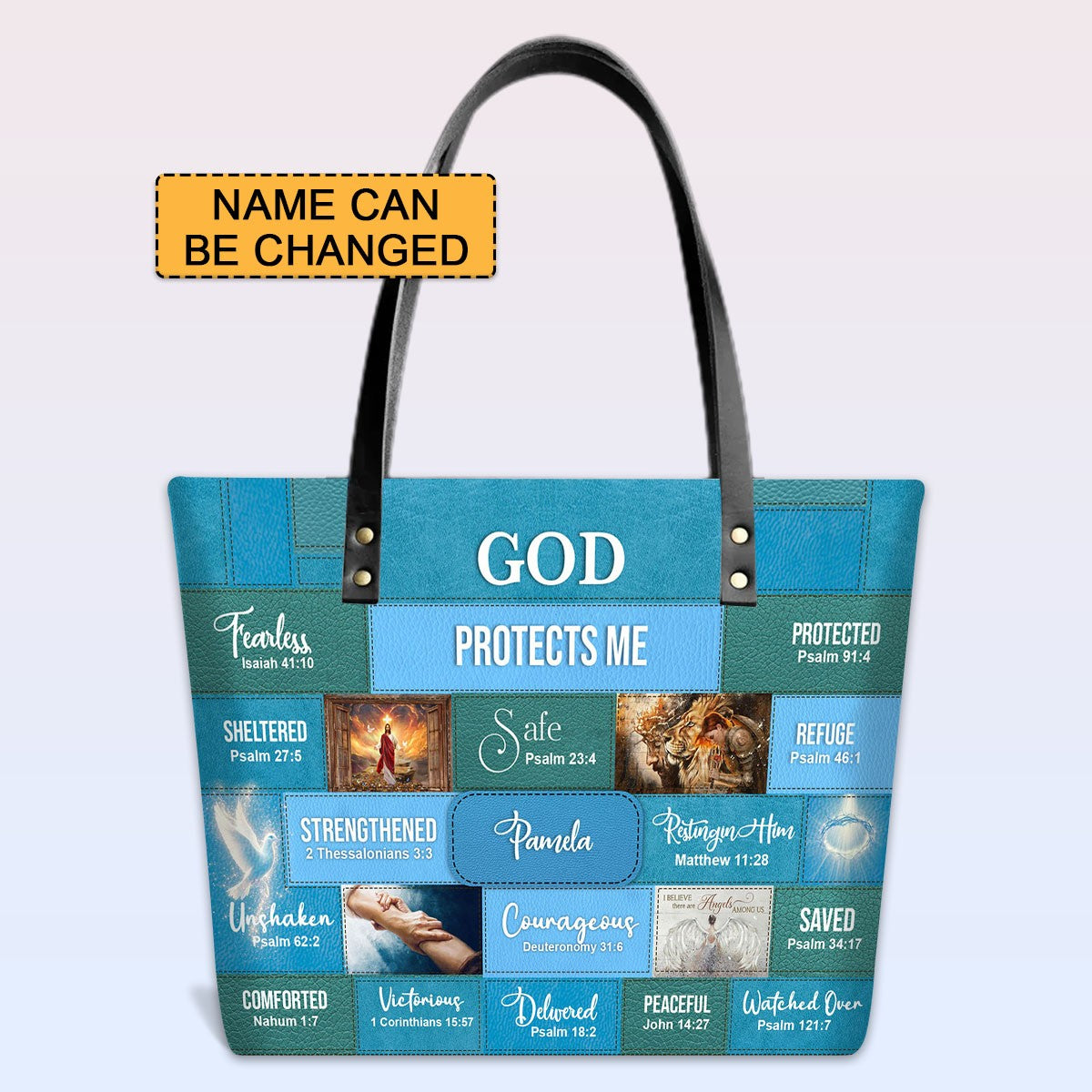 Personalized God Protects Me Leather Tote Bag