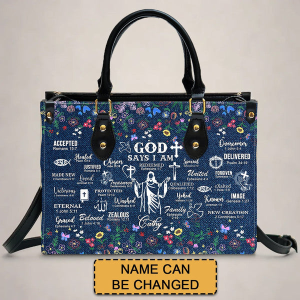 God Says I Am Personalized Leather Handbag