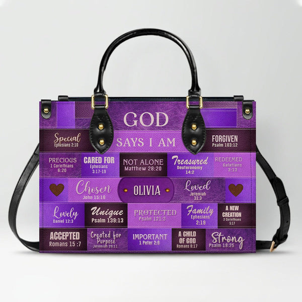 God Says I Am Personalized Leather Tote Handbag