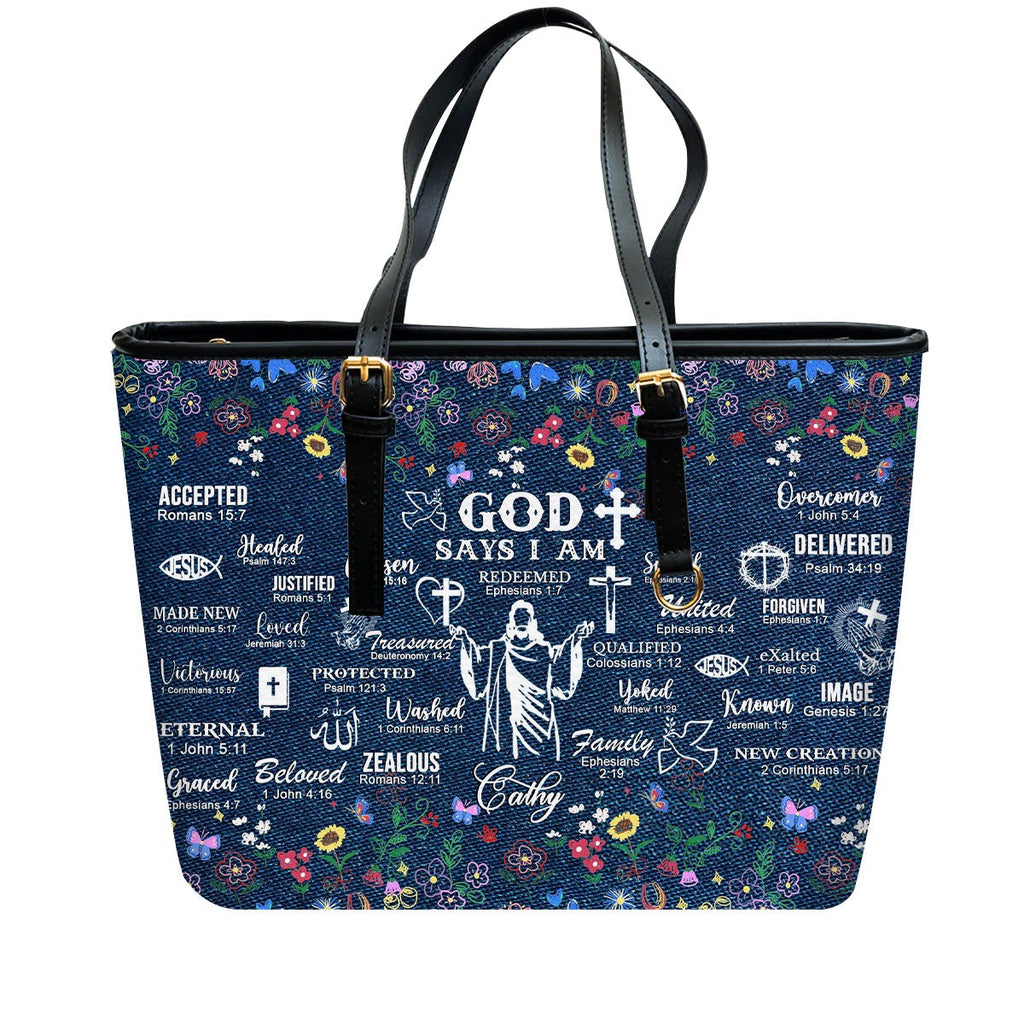 God Says I Am Personalized Leather Handbag