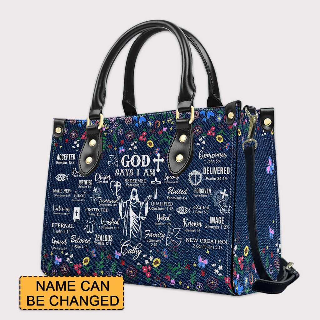 God Says I Am Personalized Leather Handbag