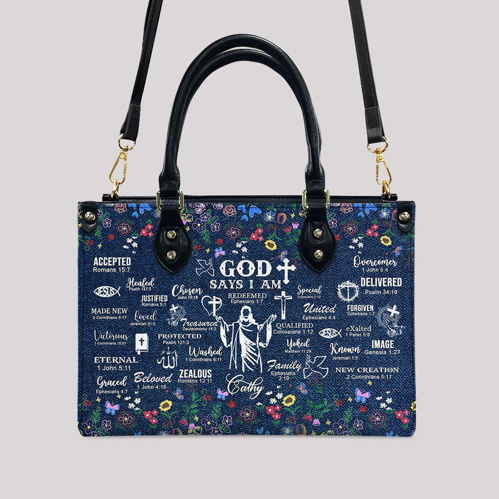 God Says I Am Personalized Leather Handbag