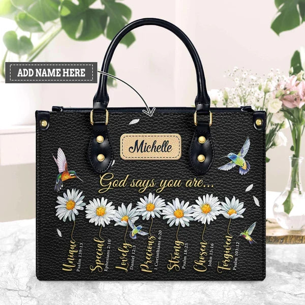 God Says You Are Hummingbird Leather Tote Bag