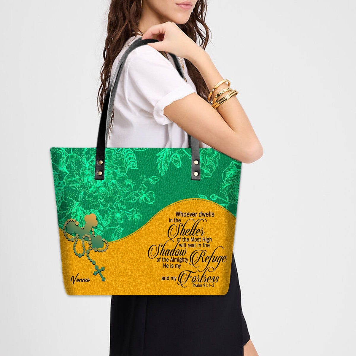 Personalized Bible Verse Red Leather Tote Bag