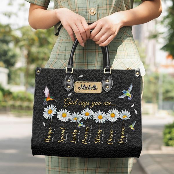 God Says You Are Hummingbird Leather Tote Bag