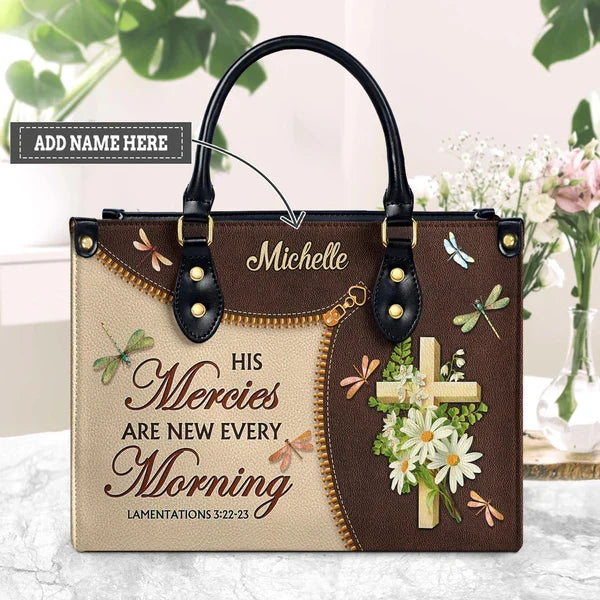 His Mercies Are New Dragonfly Daisy Leather Bag