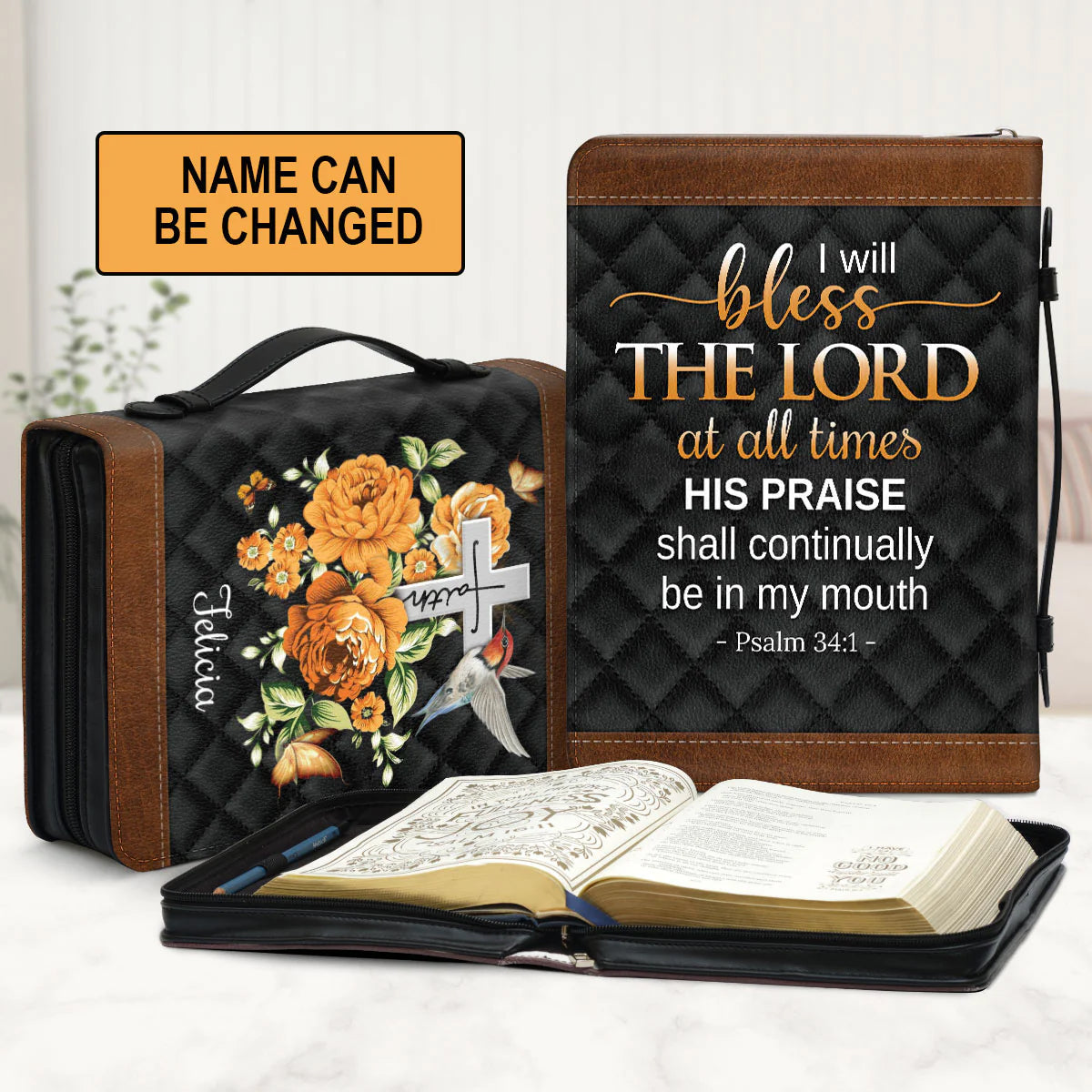 Personalized Psalm 34:1 Floral Bible Cover