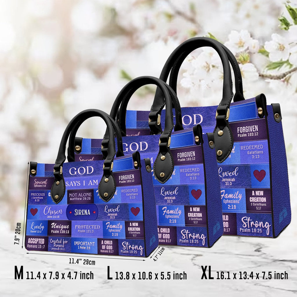 Personalized God Says I Am Blue Leather Handbag