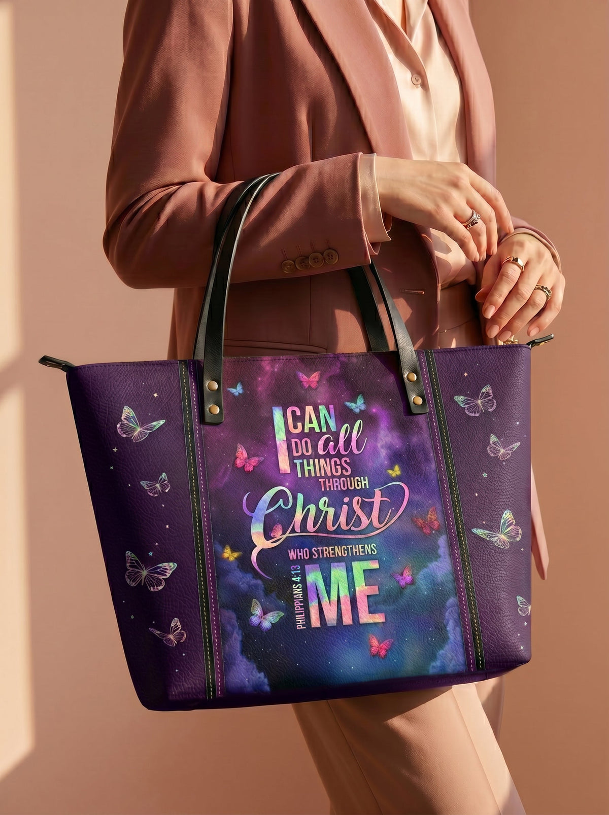 Limitless Philippians 4:13 Leather Tote Bag