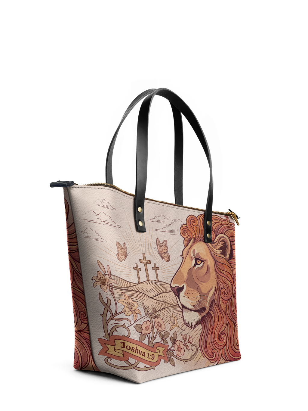 Lion of Judah Joshua 1:9 Leather Tote Bag