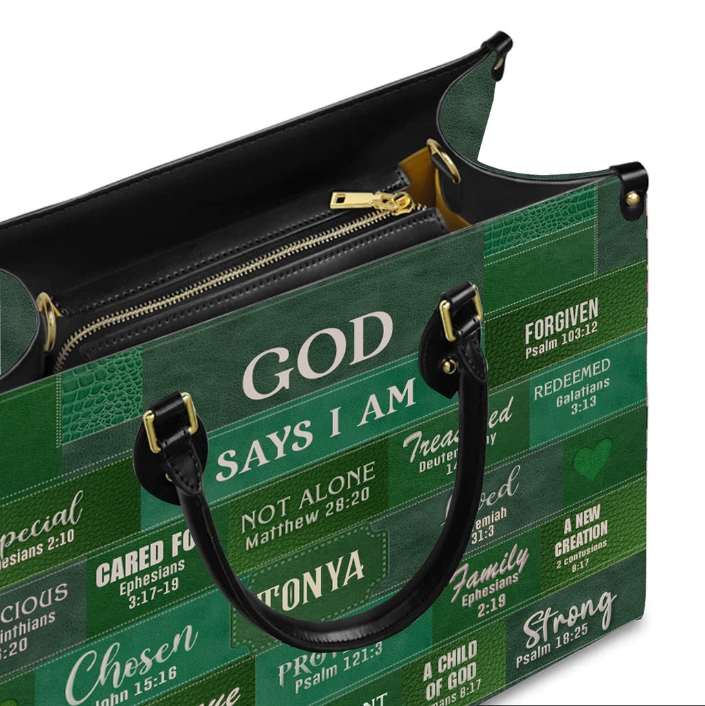 Personalized God Says I Am Green Leather Handbag