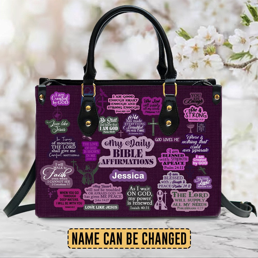 Daily Bible Affirmations Purple Leather Handbag