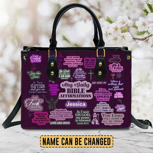 Daily Bible Affirmations Purple Leather Handbag