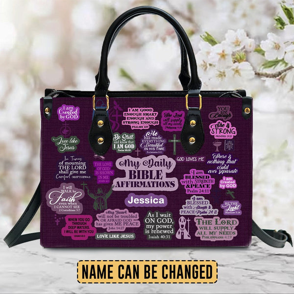 Daily Bible Affirmations Purple Leather Handbag