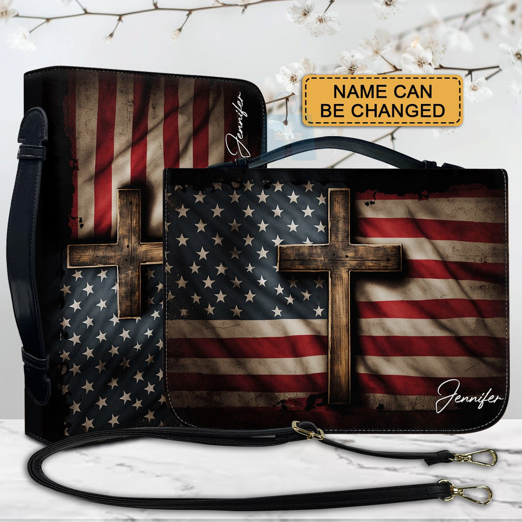 Personalized American Flag & Cross Bible Cover